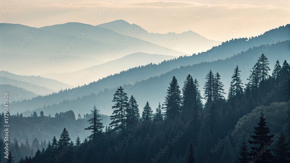 Obraz premium Mountain landscape with a vertical gradient in muted tones during early morning fog