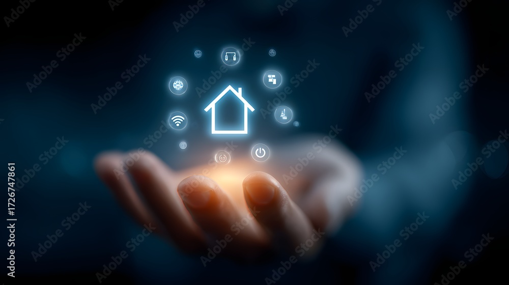 Fototapeta premium Hand holding a glowing smart home icon surrounded by digital control symbols representing home automation, IoT technology, and connected living in a futuristic environment