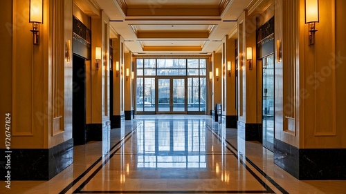 Luxury business lobby background with marble floors, golden accents, and panoramic glass ceiling, symbolizing prestige and success. Generative AI.