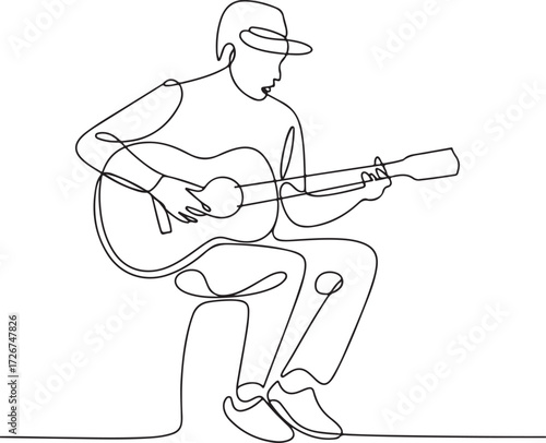 Artistic continuous line drawing of a man playing acoustic guitar. Minimalist musician outline sketch illustration