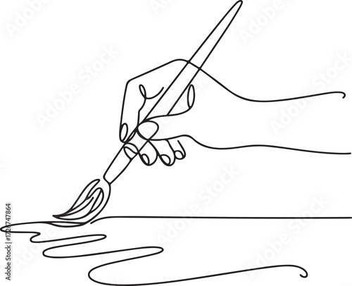 Elegant Continuous Line Drawing Capturing a Hand Skillfully Using a Paintbrush to Create a Flowing Artistic Stroke