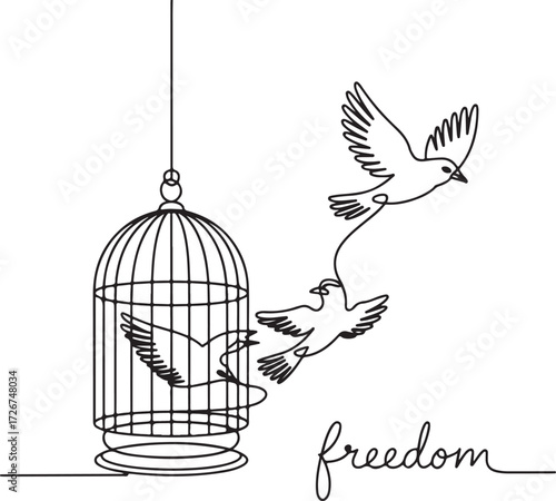 Continuous Line Art of a Birdcage Opening with Birds Flying Out Symbolizing Freedom and Knowledge