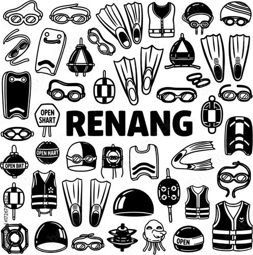 Monochrome Swimming and Diving Equipment Vector Icons Set. Collection of Water Sports Gear, Goggles, Fins, Swim Caps, Life Vests, and Buoys for Aquatic Activities.