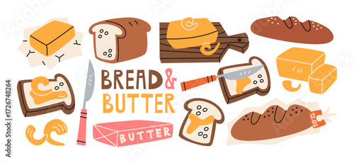 Fresh bakery bread compositions in retro cartoon. Pastry: loaves, baguette, sliced bread. Breakfast: toast with butter, dairy cubes. Traditional food set for bakery illustration in retro cartoon