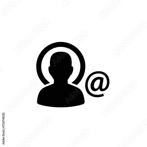 Black silhouette icon of a user profile with an at symbol, representing online identity or contact.
