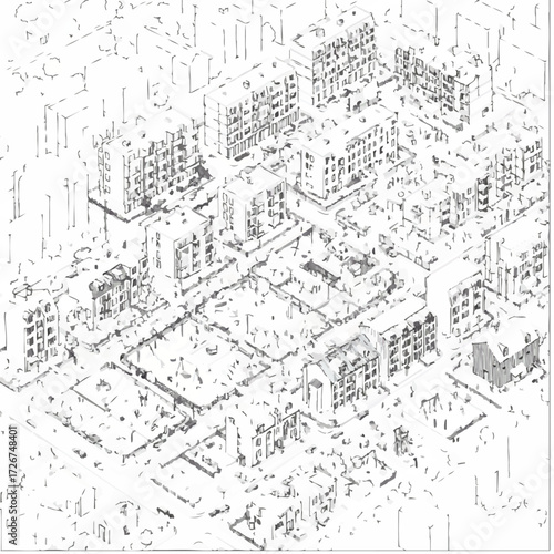 An intricate isometric line drawing meticulously illustrates a sprawling urban city plan, featuring diverse architectural structures, interconnected streets, and communal green areas.