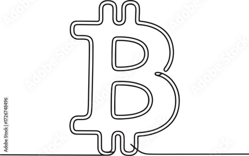 Continuous line art illustration of the Bitcoin cryptocurrency symbol on a white background, minimalist and modern design