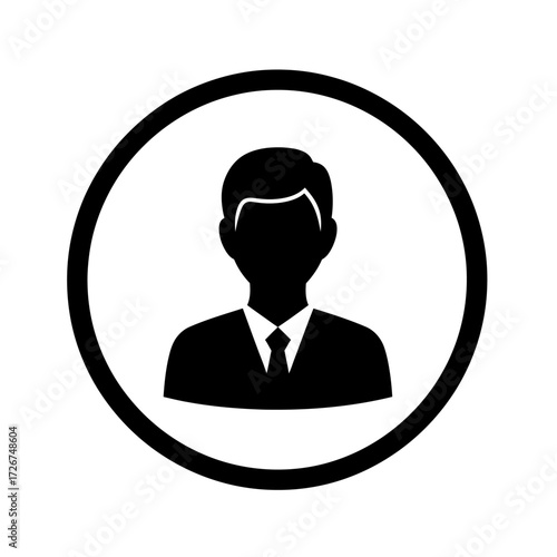 A black and white silhouette of a man in a suit and tie, enclosed within a black circle, representing a user profile or avatar.