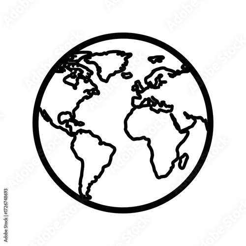 A simple black and white illustration of planet Earth, showing continents and oceans.
