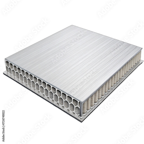 Close-up of a single aluminum honeycomb composite panel core structure showing hexagonal cells isolated on transparent background