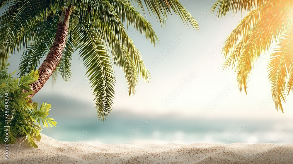 Fototapeta premium Tropical Palm Trees On Sandy Beach Sunrise