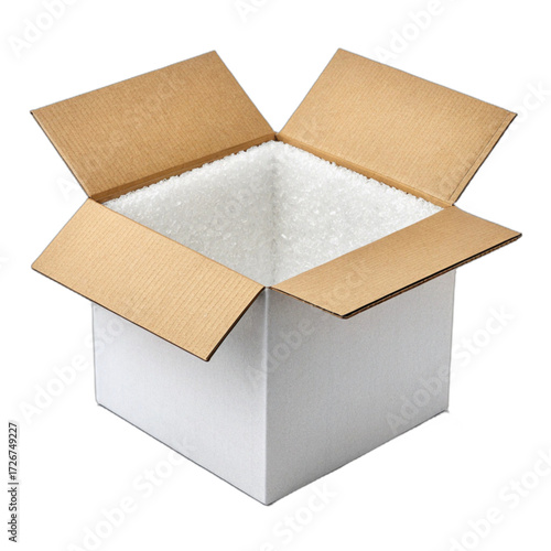Open insulated white expanded polystyrene eps shipping box with cardboard flaps isolated on transparent background