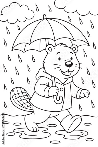 Beaver Walking in the Rain with Umbrella - kids coloring page