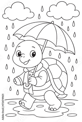 Turtle Walking in the Rain with Umbrella - kids coloring page