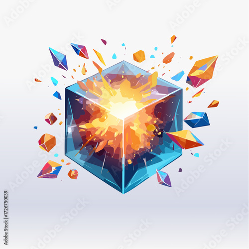 Exploding crystal cube with bright light and scattered shards.