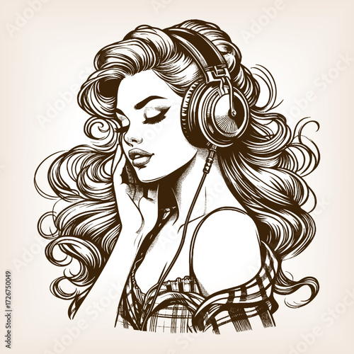 woman wearing large headphones, eyes closed, enjoying music with musical notes in background sketch engraving generative ai fictional character vector. Scratch board imitation. Black and white image.