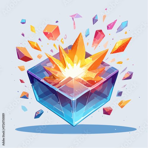 Exploding crystal cube with colorful shards and light burst.