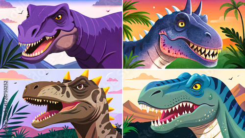Tyrannosaurus Rex, Triceratops, and Stegosaurus standing vector collection set in prehistoric jungle landscape, representing dinosaur diversity, ancient wildlife power, and Jurassic era creatures