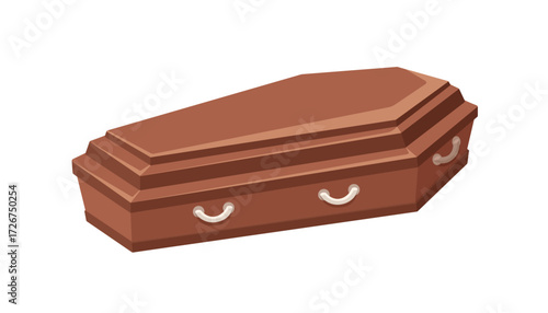 Wooden coffin. Wood casket, mourning box for death ceremony. Funeral burial case for christian cemetery, ceremonial funereal ritual. Flat graphic vector illustration isolated on white background