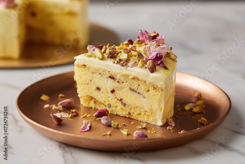 Fusion rasmalai cake slice with saffron milk, pistachios, rose petals on bronze-toned plate