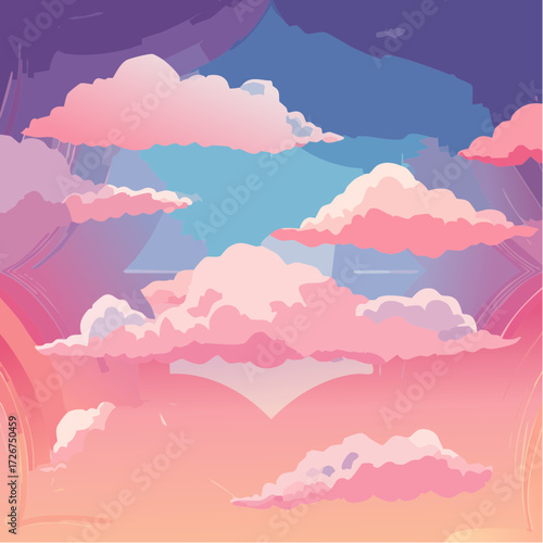 Stylized illustration of a pastel colored sky with fluffy clouds and a hint of mountains.