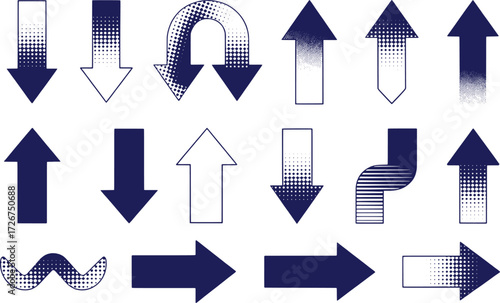Collection of Dark Blue Arrows with Halftone and Outline Styles