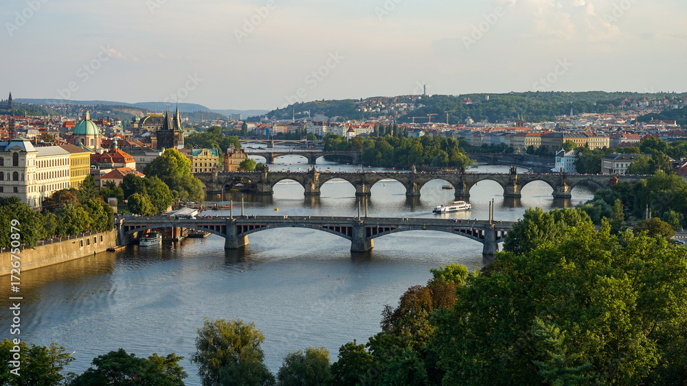 Fototapeta premium Prague panoramic aerial view, old bridges across Vltava river, Prague, Czechia