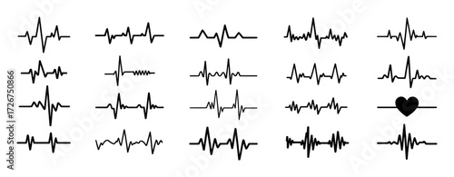 Collection of Diverse Heartbeat EKG Line Graphics and Heart Symbol