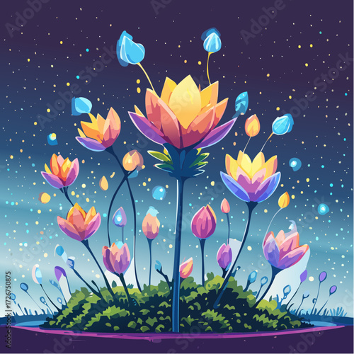 Fantasy floral illustration with colorful lotus flowers under a starry sky.
