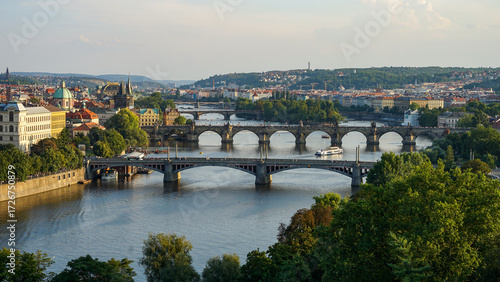 Prague panoramic aerial view, old bridges across Vltava river, Prague, Czechia