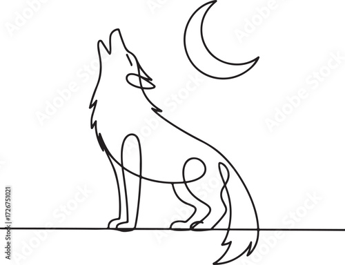Minimalist single-line wolf howling at the moon, elegant black and white vector illustration