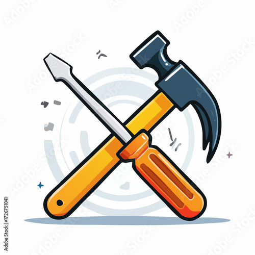 Illustration of a hammer and screwdriver crossed over each other.