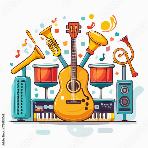 Colorful cartoon illustration of various musical instruments, including a guitar, drums, and horns.