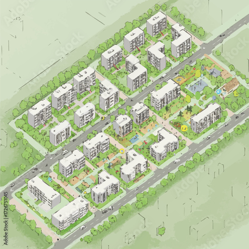 An intricate aerial illustration depicts a modern residential district featuring numerous apartment buildings, ample green spaces, and vibrant playgrounds, showcasing urban design.