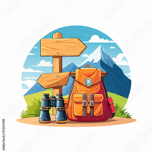 Illustration of hiking gear with a backpack, binoculars, and a wooden signpost against a mountain backdrop.