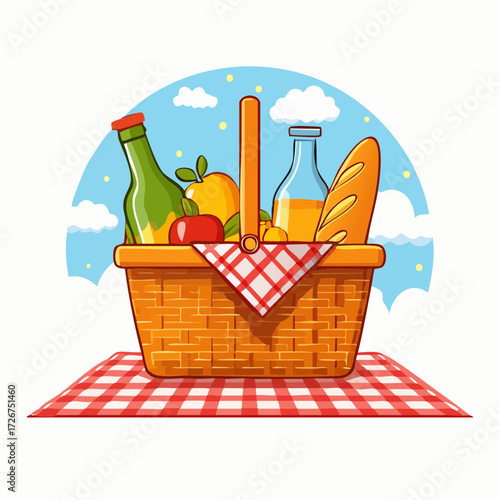 Picnic basket filled with food and drinks on a checkered blanket.