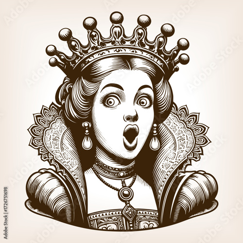 royal queen wearing an ornate crown and jewelry, with wide eyes and surprised expression sketch engraving generative ai fictional character vector illustration. Scratch board. Black and white image.