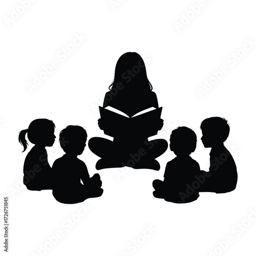 Story Time Silhouette Woman Reading Book to Children Education and Imagination