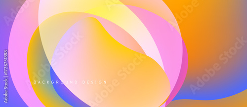 Abstract colorful shapes overlap, creating vibrant gradients. Smooth transitions between pink, yellow, blue hues dominate composition. Modern design element.