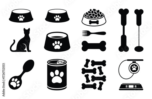 Pet Care Icons: Food Bowls, Treats, Leash, Scale, and Cat Silhouette