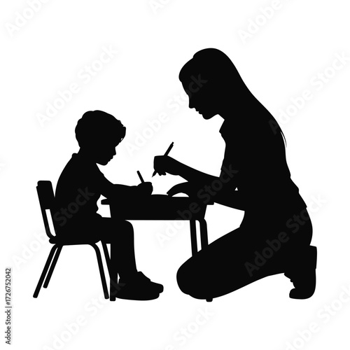 Silhouette of a Woman Assisting a Child with Writing at a Desk