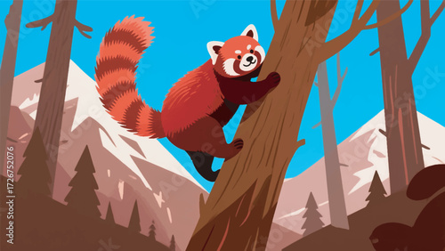Illustration Of A Red Panda Climbing A Tree In The Himalayan Mountain Forest Vector Design Template