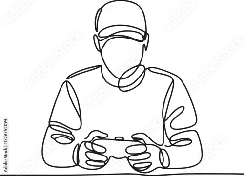 Continuous line drawing of a person playing video games with a controller, minimalist artistic outline