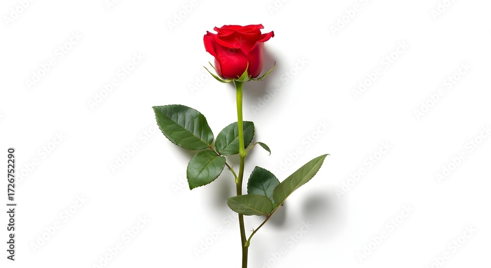 Obraz premium A single red rose with green leaves isolated on white background