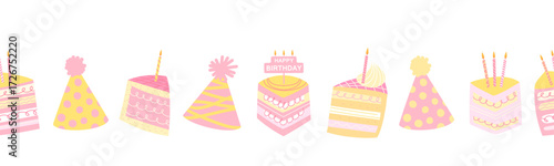 Decorative border with birthday cakes and lit candles, perfect for invitations, header, party flyers, posters, greeting cards. Fun and colorful design for celebrations and holiday decor