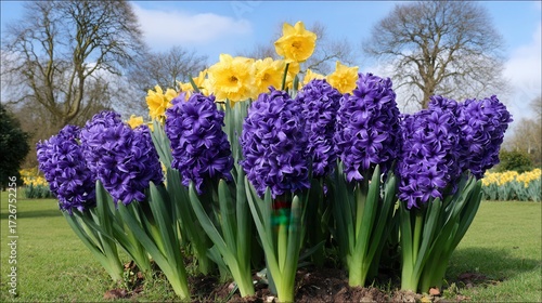 Spring garden with vibrant purple hyacinths yellow daffodils