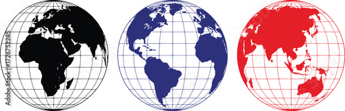 Three Globes: Africa, Americas, and Asia/Australia in Black, Blue, and Red