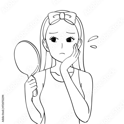 肌が気になり鏡を見る女性の白黒イラスト