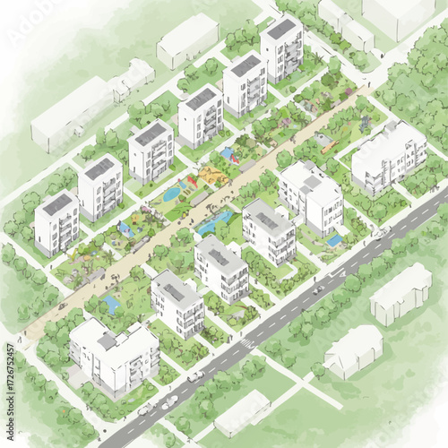 An aerial view showcases a modern residential community with diverse buildings, green spaces, and pedestrian walkways, promoting sustainable urban living.