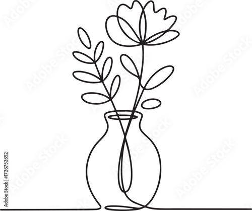 Continuous line drawing of delicate flowers arranged elegantly in a minimalist vase, capturing a serene and artistic botanical aesthetic